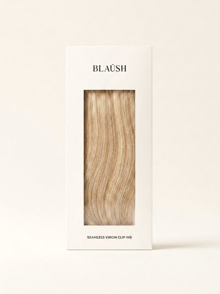 BLAÜSH Seamless Virgin Clip-ins packaging — Caramel Highlights